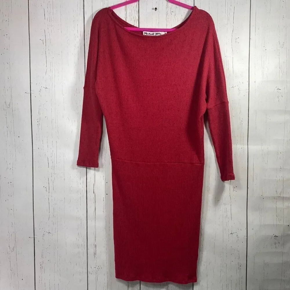 Michael Stars Red Ribbed Knit Midi Dress Long Sleeve XS Minimalist Chic Classic